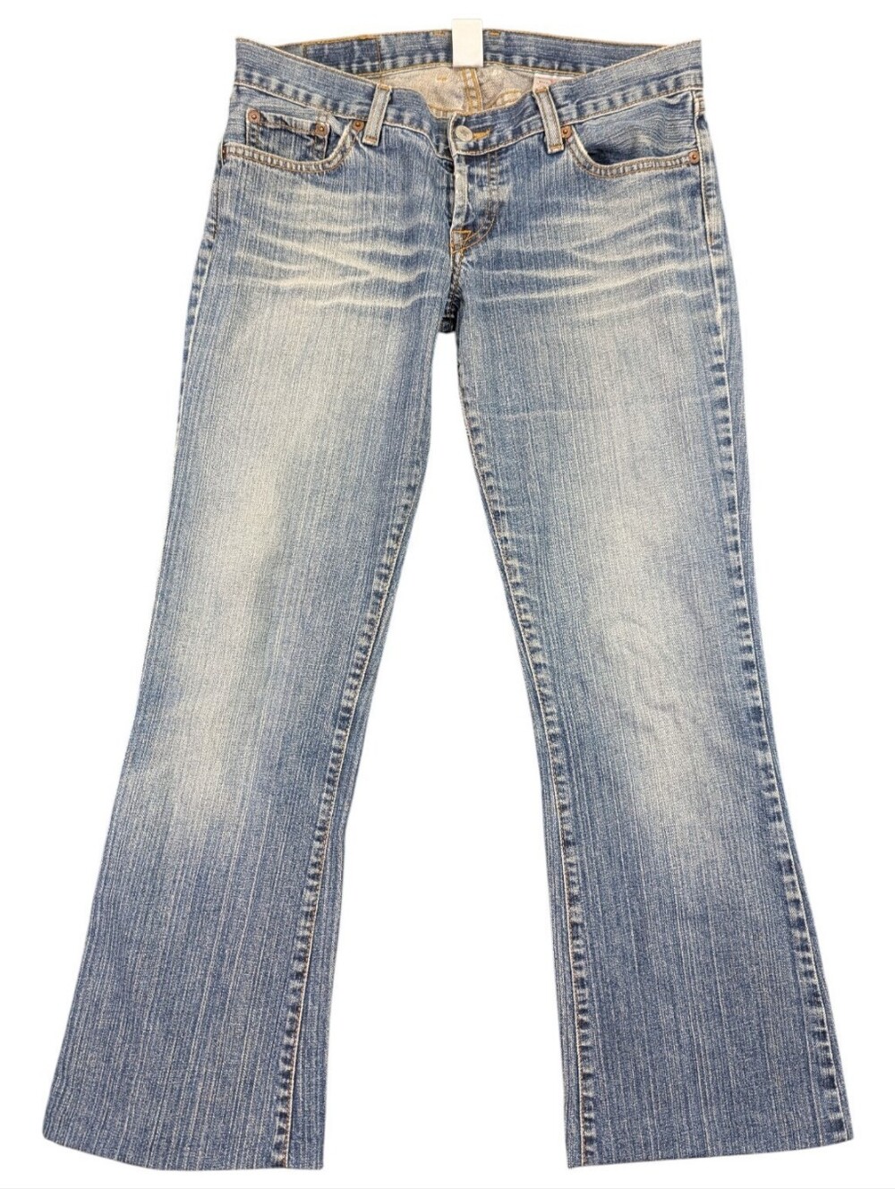 Lucky Brand Y2K Low Rise BootCut Dungareese Size 6 Whiskered Light Fade Mcbling